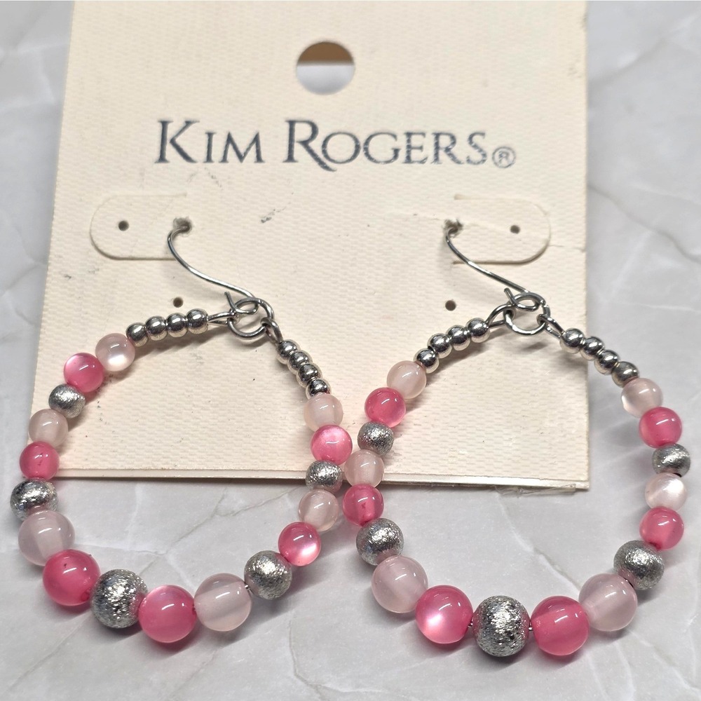 NEW Kim Rogers Hoop Earrings Pink Cat Eye Silver Tone Beaded Dangle Drop Jewelry